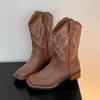 Queen Fan Brown Retro Thick Heel Western Cowboy Boots Women's 2025 New Autumn with Skirt Skinny Short Boots