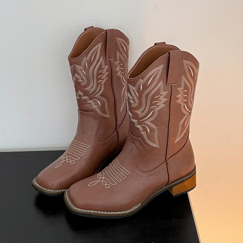 Queen Fan Brown Retro Thick Heel Western Cowboy Boots Women's 2025 New Autumn with Skirt Skinny Short Boots