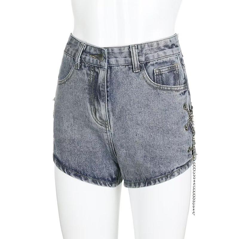 Denim Shorts for Women Summer Chain Sexy Slit High Waist Slimming A-line Jeans Hot Pants Female Clothing Y2k Fashionable