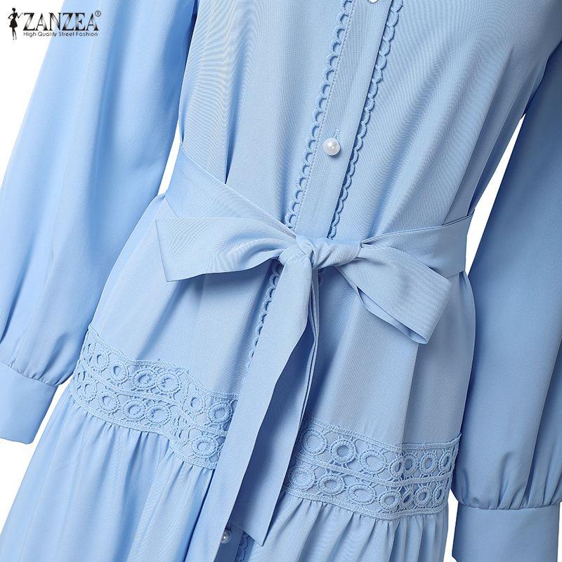 ZANZEA Women Casual Round Neck Loose Long Sleeve Dress