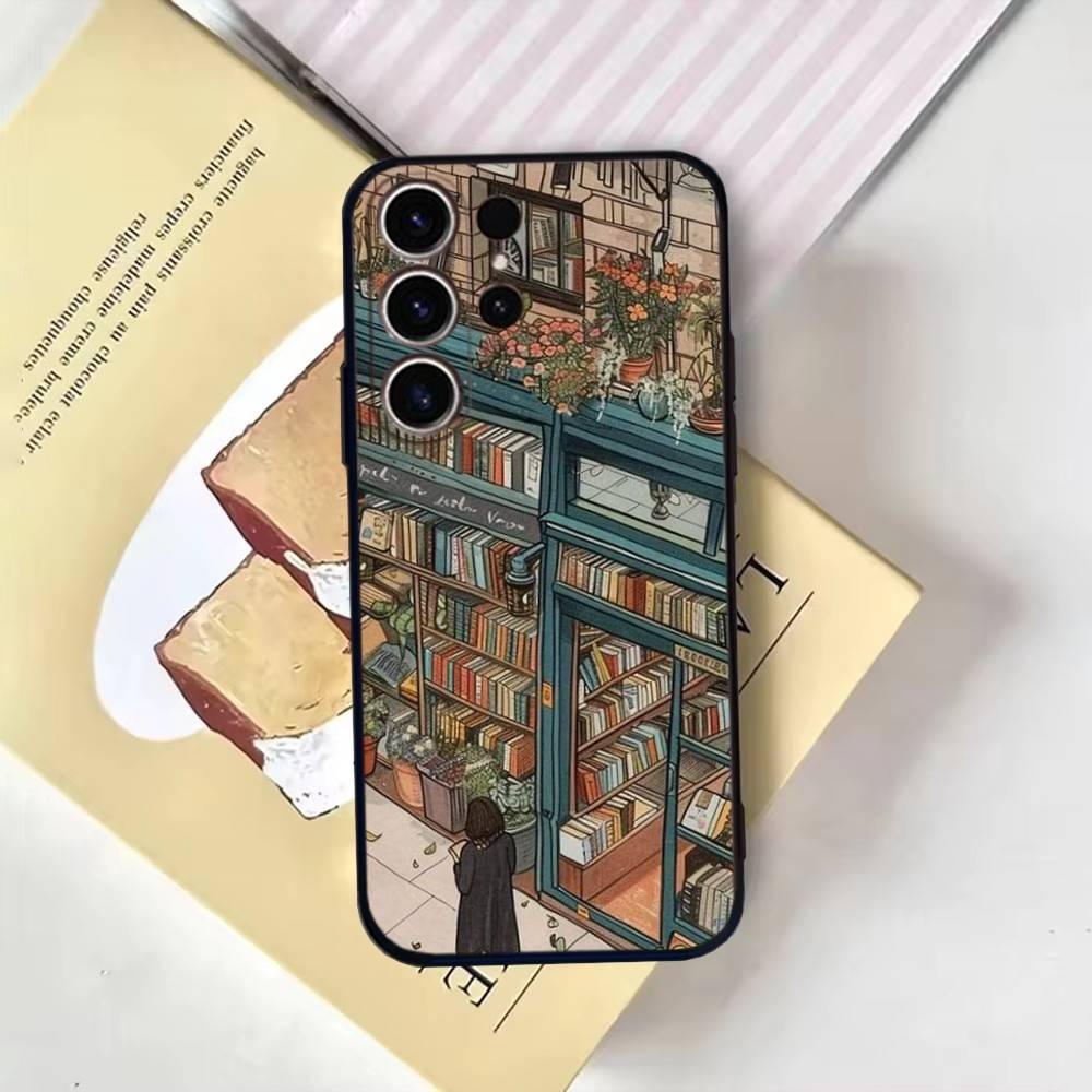 Coffee Study Book illustration Phone Case For SamsungS25,24,21,22,23,30,Ultra,20,Plus,Fe,Lite,Note,10,9,Soft Black Cover