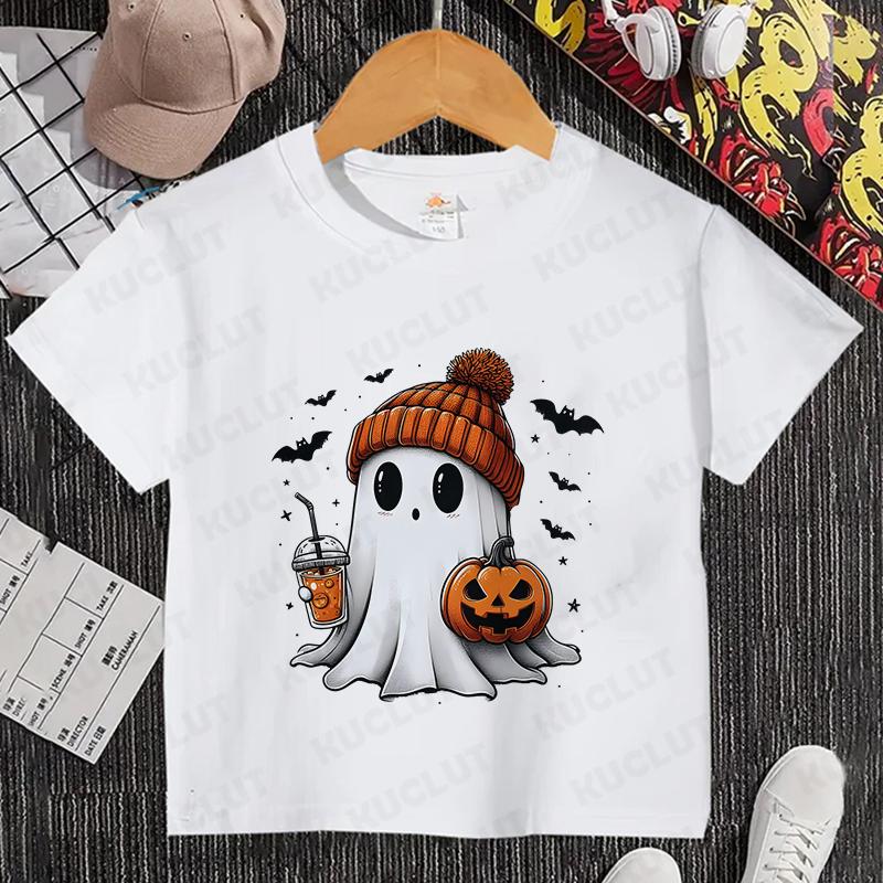 Little Boo Drinking Coffee Halloween Spooky Season Shirt Children T-Shirts Harajuku Graphic Tops Kids Summer Fashion Tshirt Tops