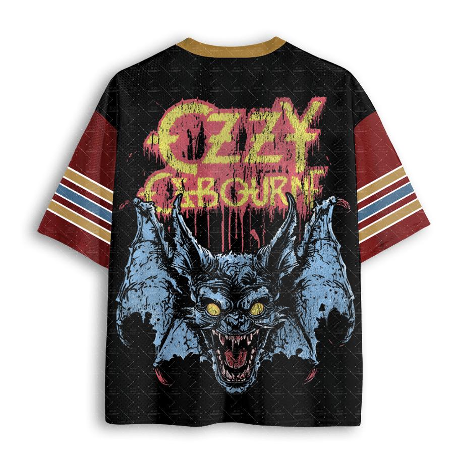 V Neck Mesh Football Jersey Vintage Horror Bat Distressed Rock Letter Print Burgundy Gold Multi Striped Sleeve Loose Sport Tee