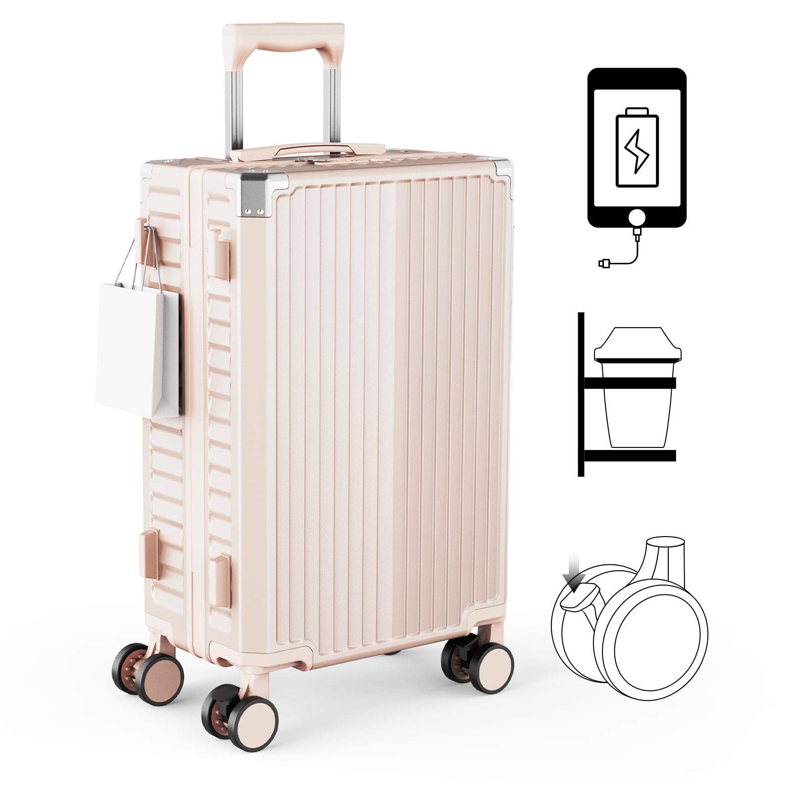 

Carry Carry Quiet Casters with USB Drink Hanging Zipper Business S Pink [FazaFree] Suitcase, Carry-on, Case, Bag, Stoppers, Port, Holder, Hook, рожевий