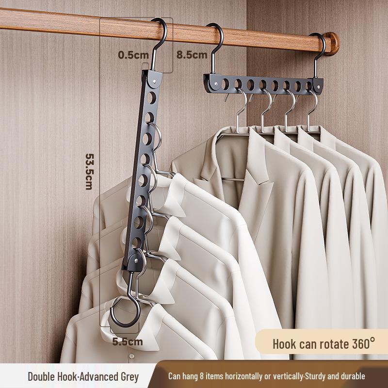 Aluminum Alloy Folding Eight-Hole Hanger with Single Hook for Versatile Wardrobe and Laundry Storage