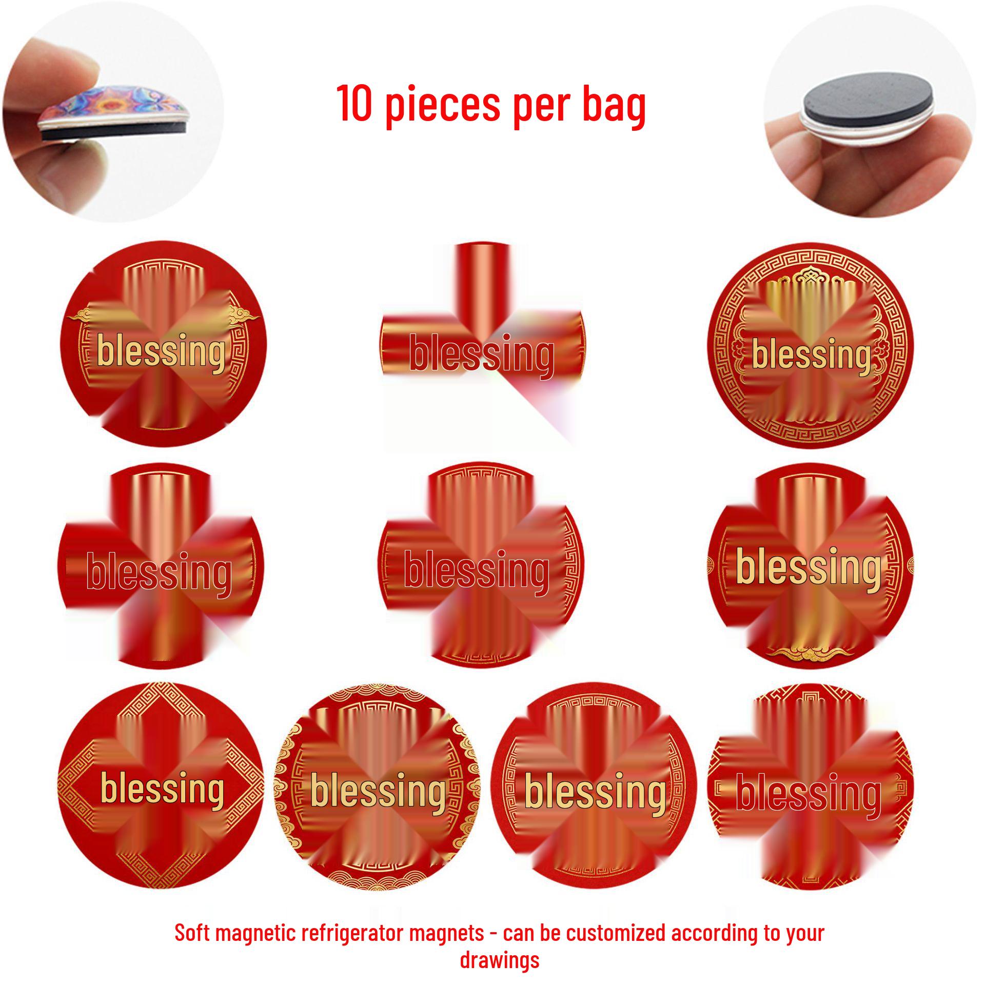 Golden Fu Character New Year Magnet - Crystal Glass Soft Magnetic Sticker for Fridge or Whiteboard - Festive Countdown Decoration Set of 10 Refrigerator Magnets, 25 mm