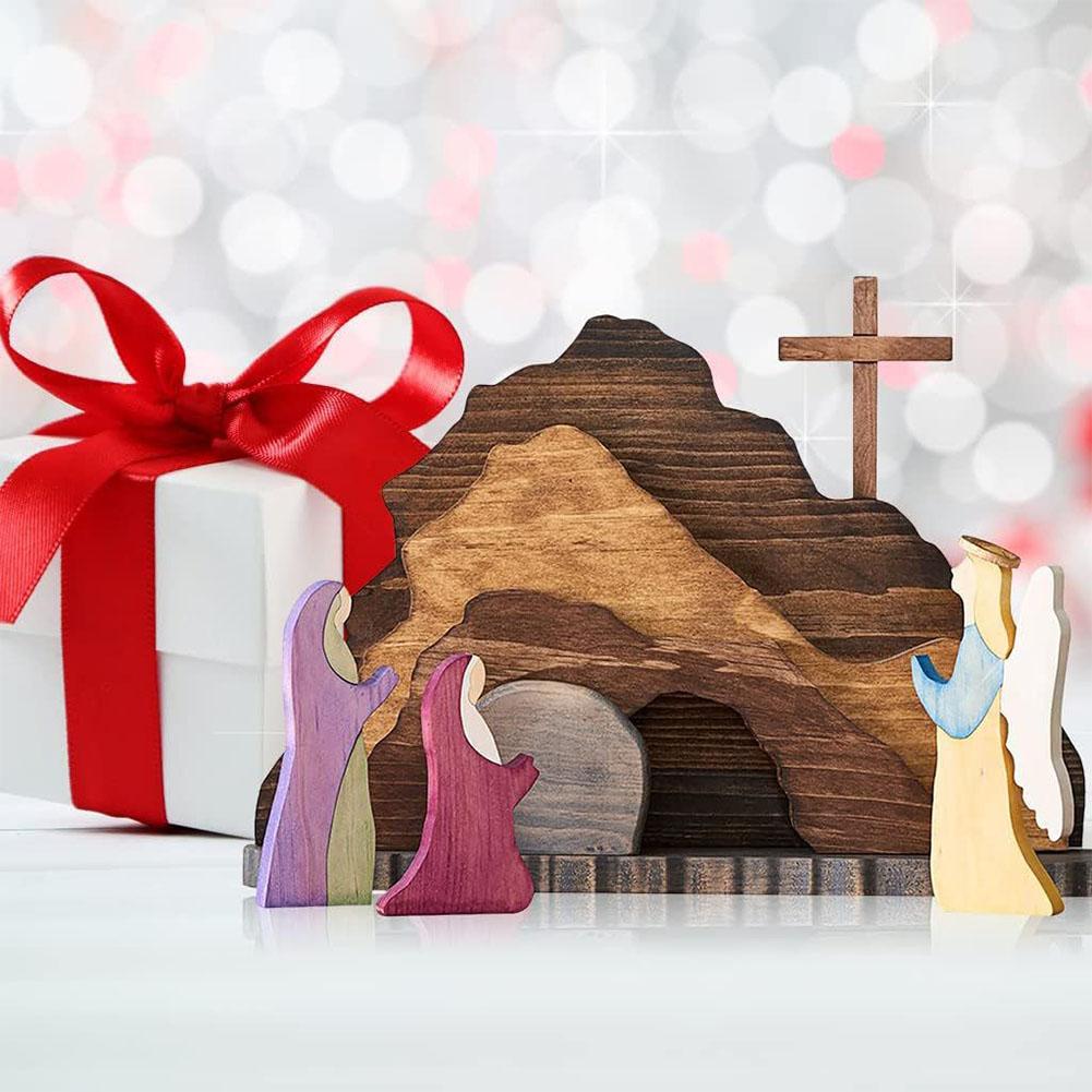 Wooden Easter Resurrection Scene Set Empty Tomb Cross Jesus Statue Christian Home Tabletop Tiered Tray Decor Religious Gift