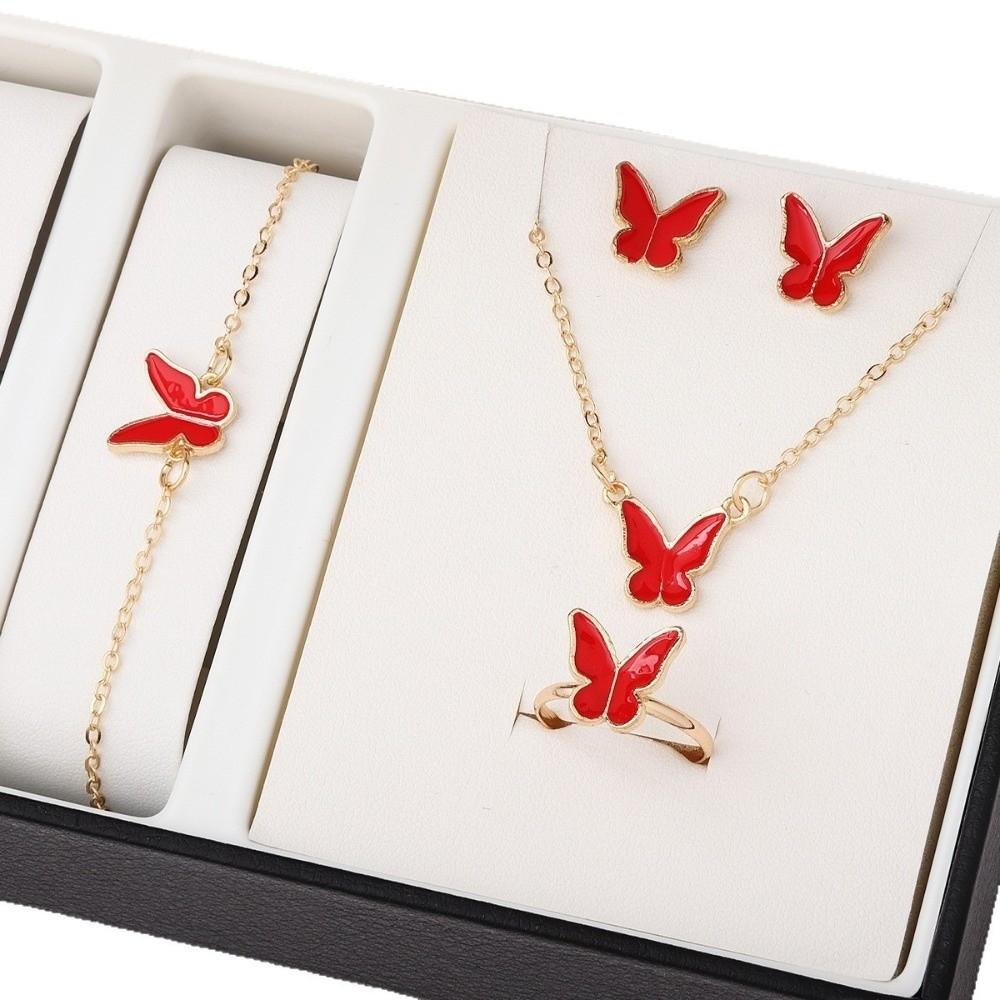 Elegance Style Butterfly Jewelry Set Minimalist Dripping Oil Heart Necklace Ring Set Artistic Design Creative