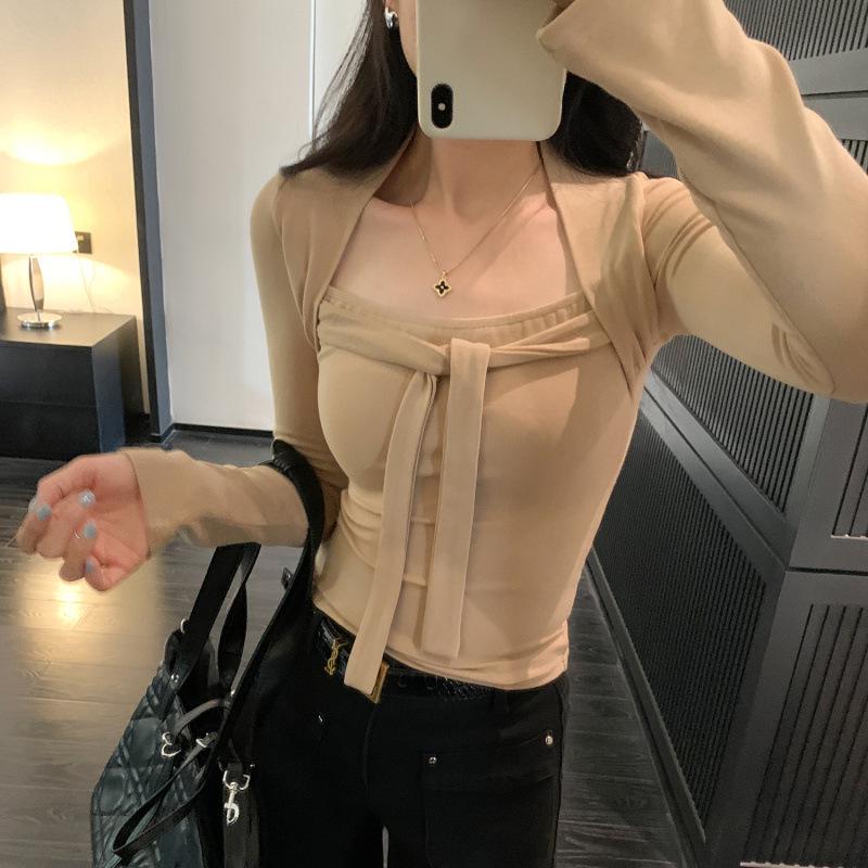Women's Lace-Up Square Neck Slimming Crop T-Shirt for Autumn/Winter 2025
