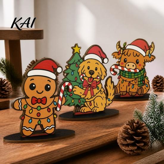 Christmas Tabletop Ornaments 6Pcs Wooden Ornaments, Stable Base Cartoon Animal/Santa Claus/Gingerbread Holiday Decorations Man Decorations, Cute Table