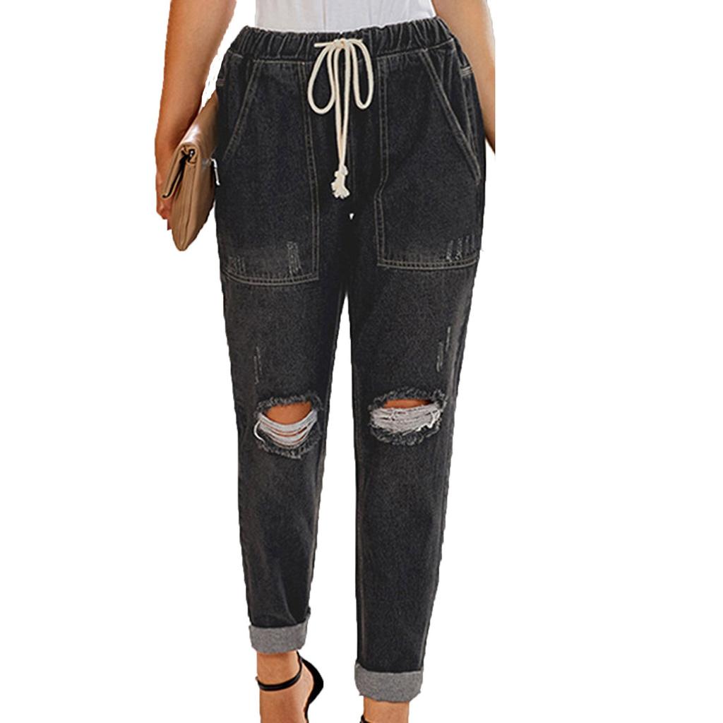 Women Color Hole Low Waist Jeans Flares Fashion Pants Trouser
