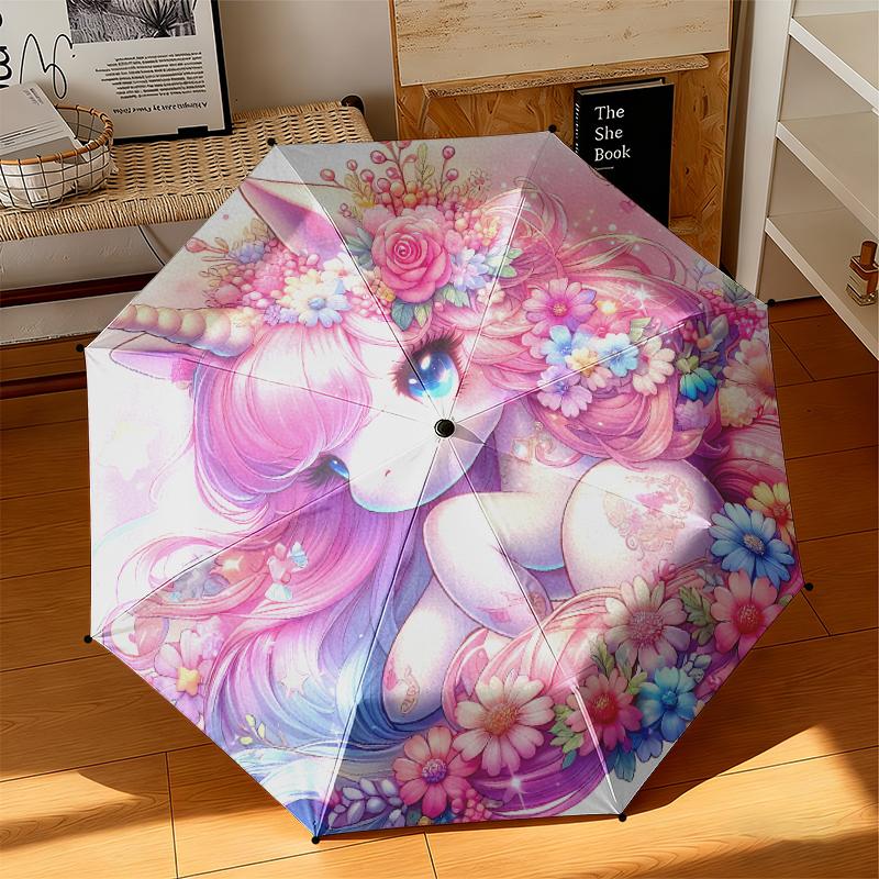 1pc Cartoon cute fantasy unicorn Umbrella Portable Folding Umbrella Iron Frame Hole Bone Structure Outdoor Home Umbrella
