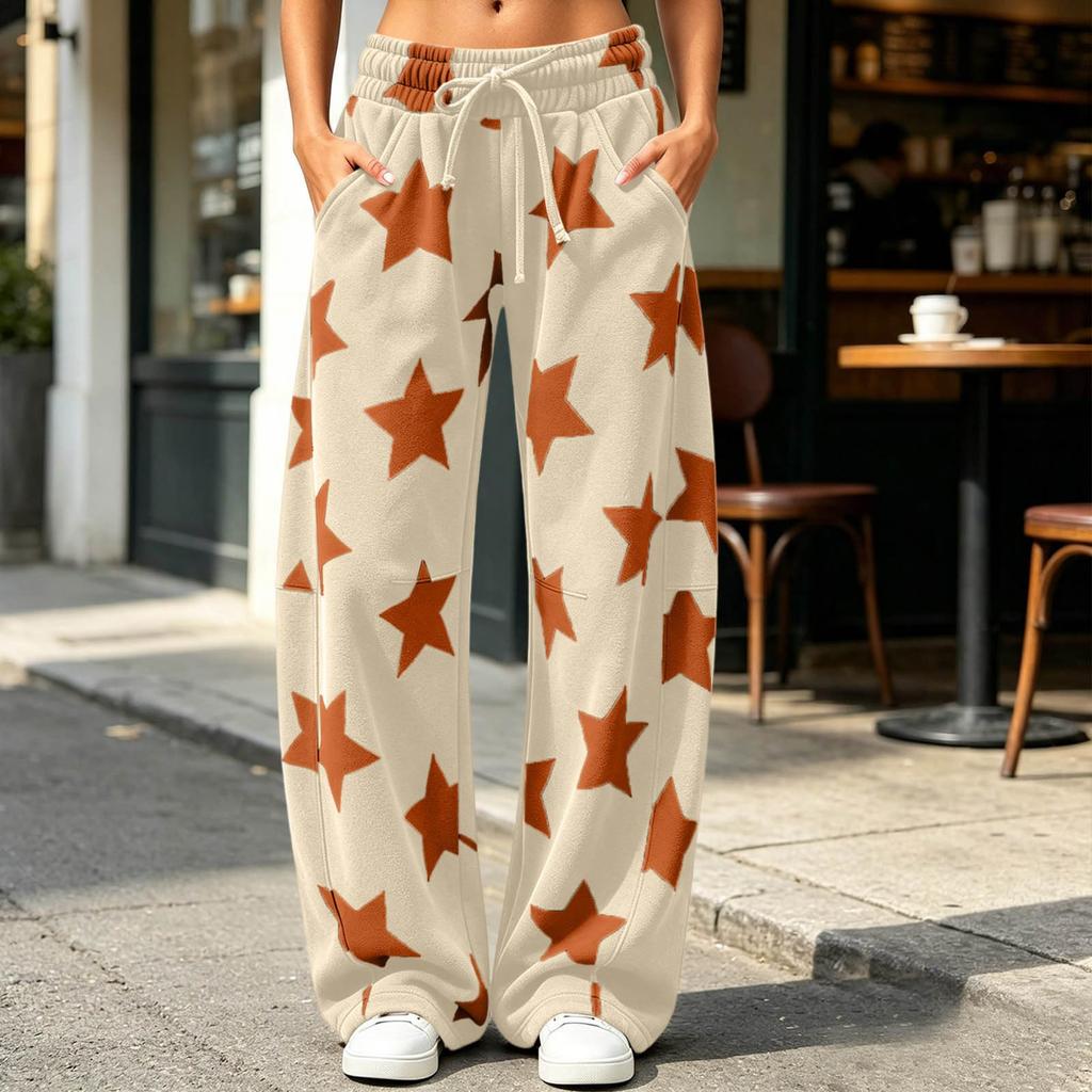 Women's Casual Loose Fit Star Print Curved Wide Leg Pants for Everyday Wear
