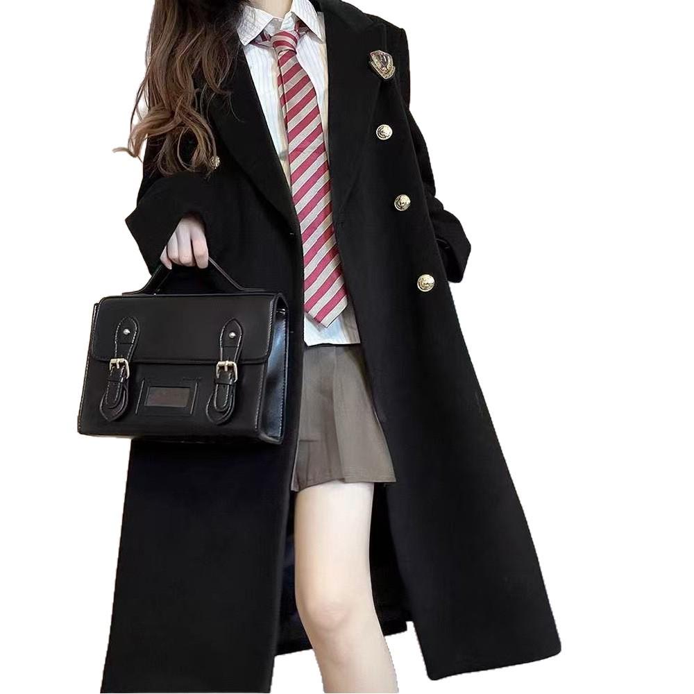Academy-Style JK Uniform Double-Breasted Wool Coat - Black, Mid-Length, High-End Feel, Straight Shoulders, Autumn/Winter.