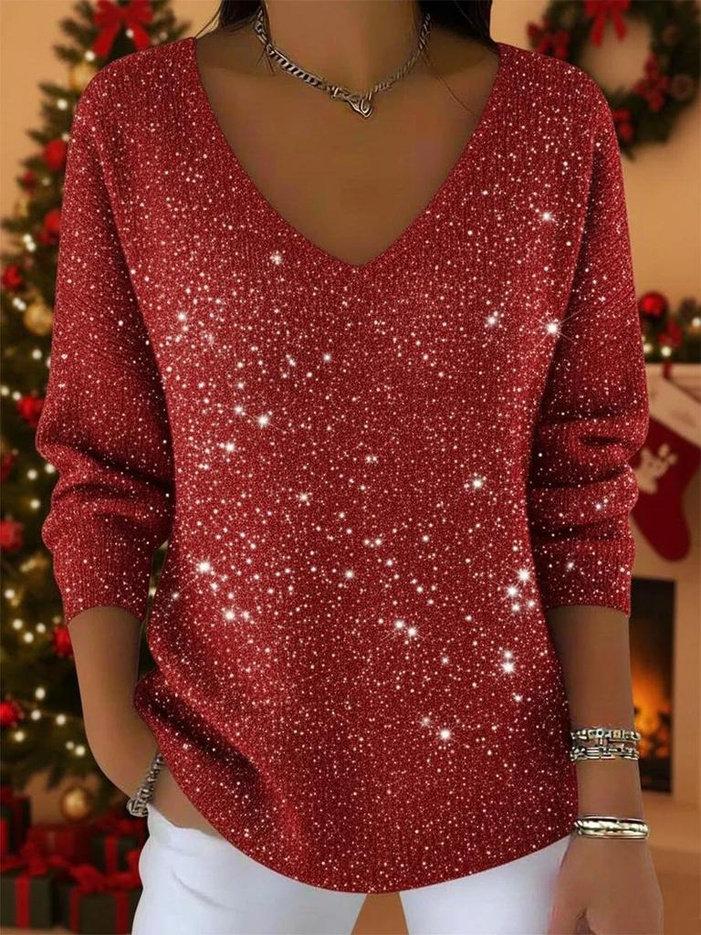 Women's Long Sleeve V-Neck Christmas Top - Versatile Casual T-Shirt for Autumn/Winter 2025 in Europe.