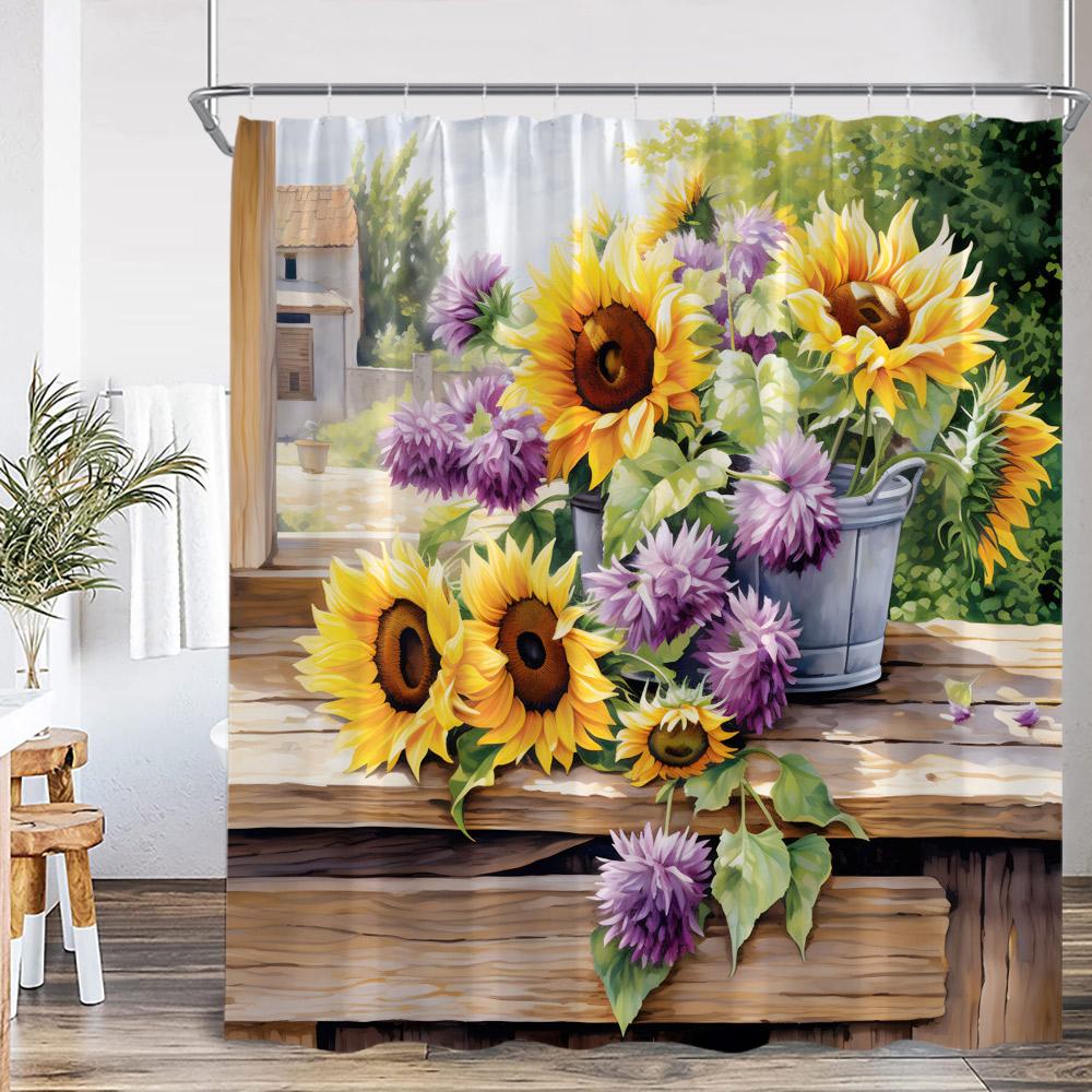 Sunflower Farmhouse Shower Curtain Farmland Truck Motivational Quote Floral Polyester Bath Curtain Country Bathroom Decorations