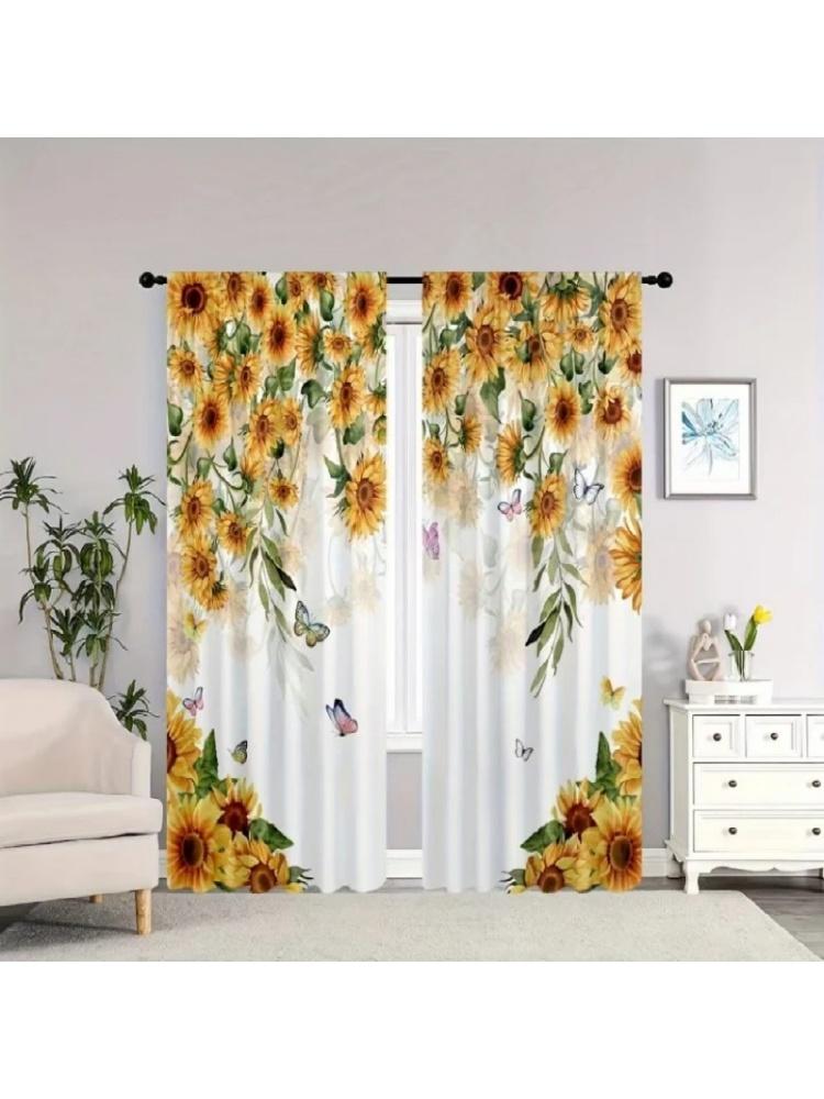 

Набор из 2 штор с подсолнухами и бабочками, полиэстер, для дома, декор окна, защита от посторонних глаз, элегантные шторы, светофильтрующие W100*H70(CM)-Rod Pocket&2PCS