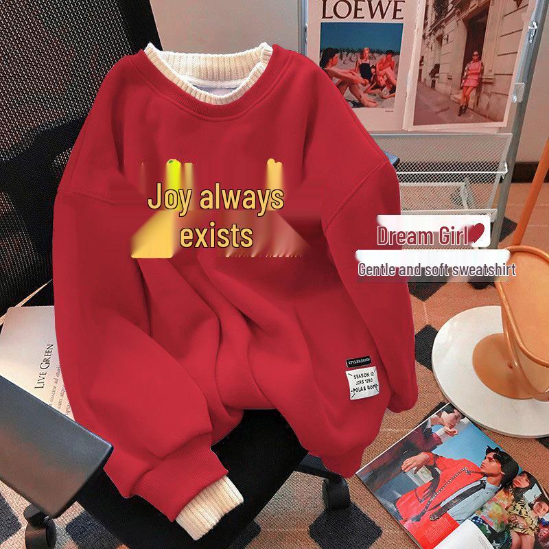 Women's Plus Size Red Round Neck Sweatshirt, Fleece-lined, Winter Layered Look, New Year Style