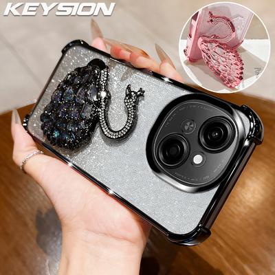 KEYSION Shockproof Plating TPU Phone Case for TECNO Spark Go 1 1S Go 2025 Glitter Jewelled Swan Kickstand Back Cover for Pop9 4G