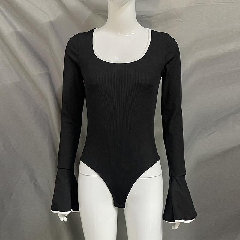 Women Causal Square Collar Flared Sleeve Elastic Bodysuit Autumn Sexy Slim Fit Contrasting Color Splicing Jumpsuit