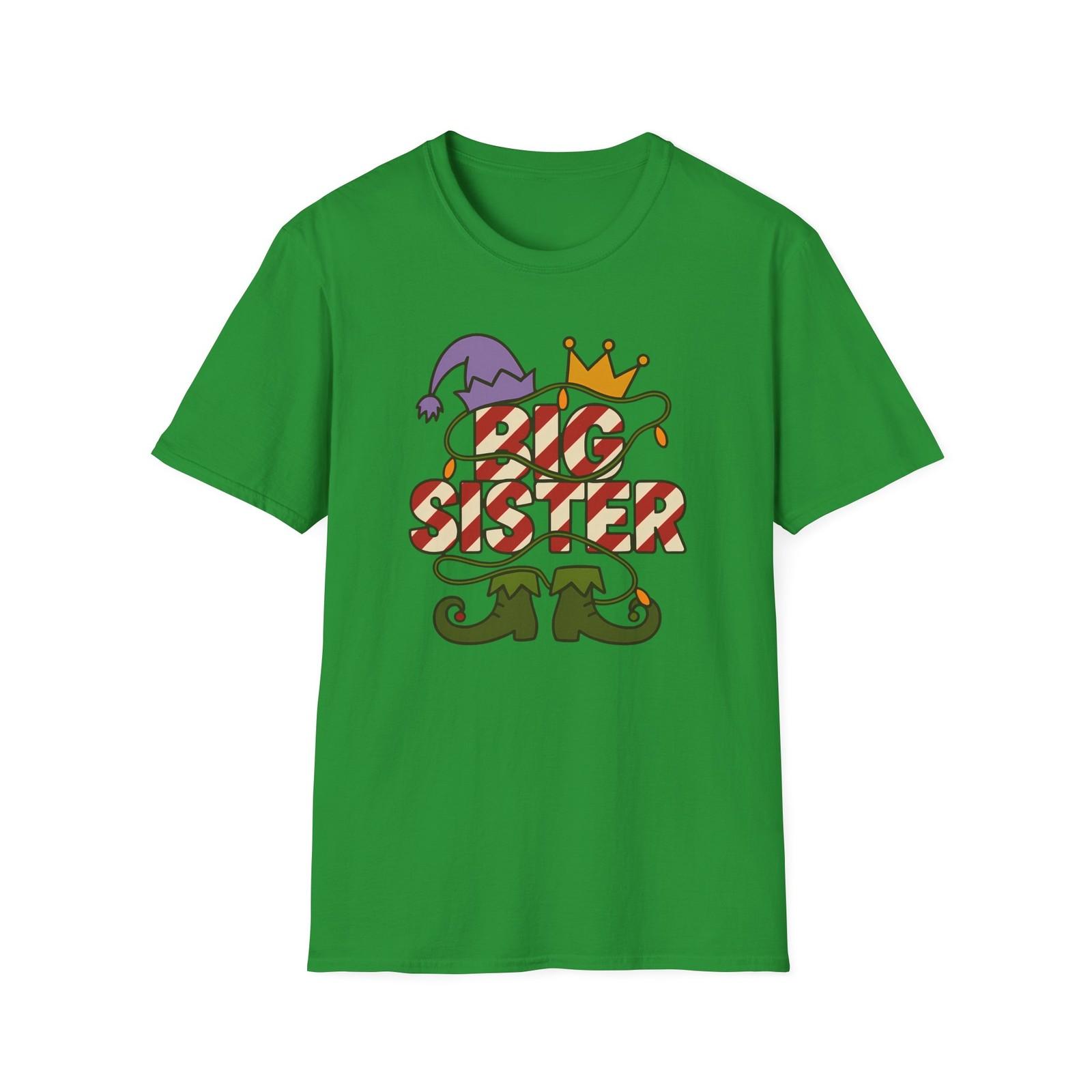 Unisex Softstyle T-Shirt Mens Womens Tees Top Big Sister Elf Hat Candy Cane Crown Christmas Holiday S