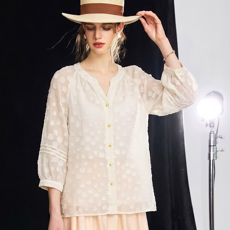 Wudao Women s Flocking Jacquard French V-Neck Blouse M