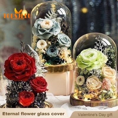 Eternal Rose Flower Glass Cover with LED Light,Wooden Base,Preserved Real Infinity Glass Dome,Wife Girlfriend Wife Valentine Day Gift