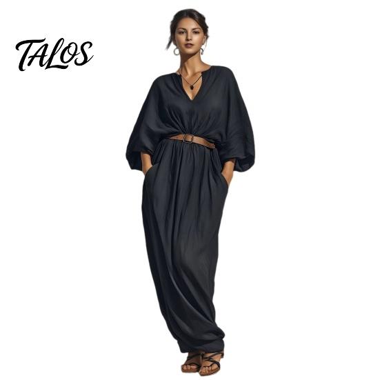 Comfortable Women Dress Women's Batwing Long Sleeve Maxi Dress, Casual V Neck Flowy Simple Style Summer Travel Vacation Loose Outfit with Belt