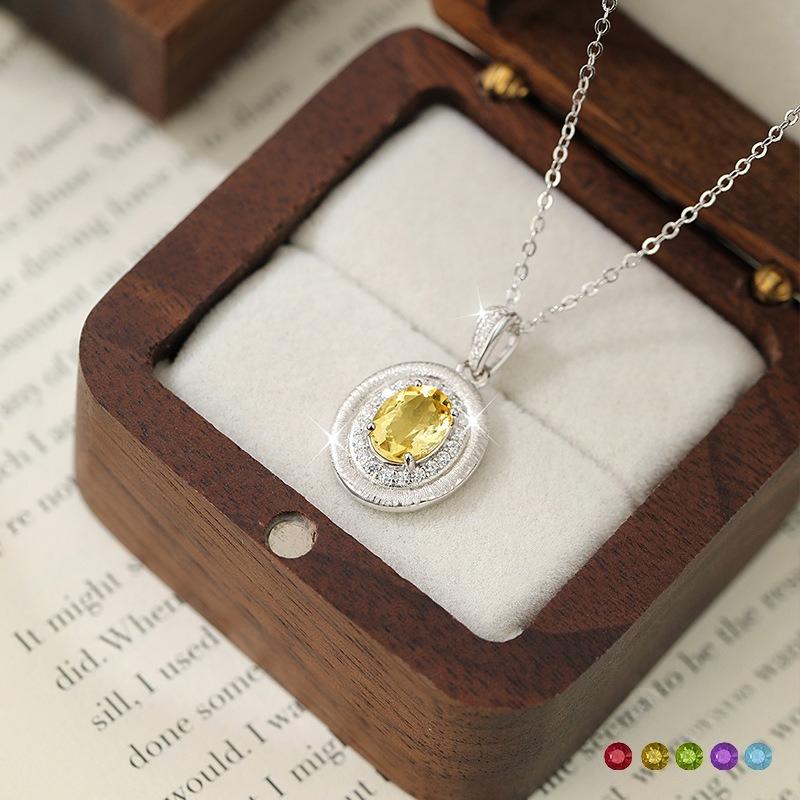 S925 Sterling Silver Clavicle Chain Oval Natural Crystal Pendant Luxury Wire Drawing Craft Minimalist Light Luxury Necklace For Women Daily Jewelry