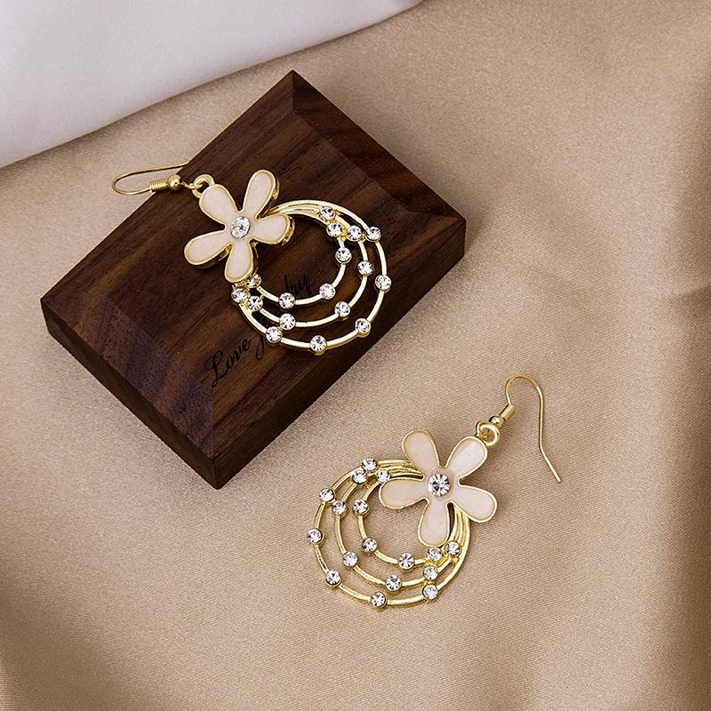 925 Multi-Layer Round Ring With Diamond Flower Earrings, Retro Temperament Lady Looking Thin Fashion Flower Earrings