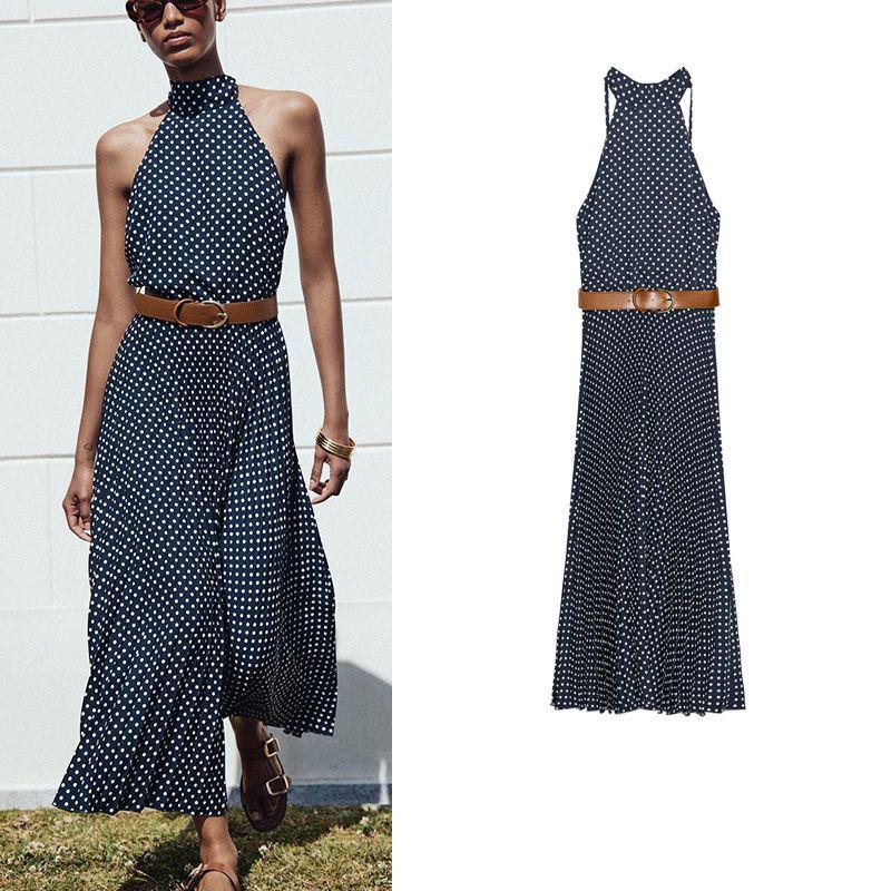 Summer New Bowknot Decoration Sleeveless with Belt Polka Dot Hanging Collar Midi Skirt Dress 3555902