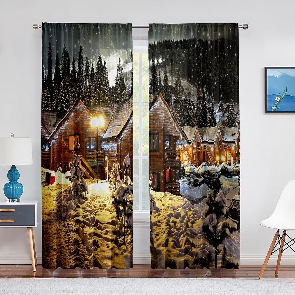 Christmas Scenery Santa Delivering Presents Sheer Voile Curtain Elk Window Tulle Curtains for Living Room Kitchen Bedroom Decor