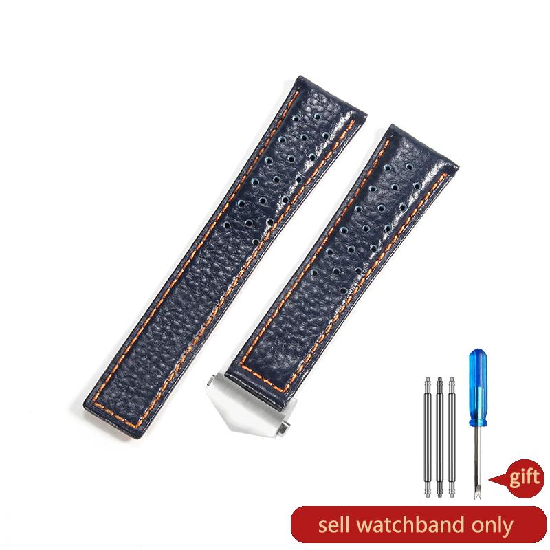 For TagHeuer Genuine Leather Solid Stainless Steel Fold Buckle Monaco Series Classic Blue Orange Line Cowhide 22mm Watch Strap