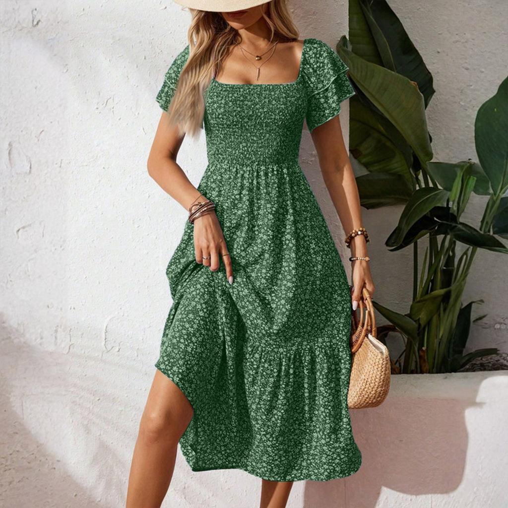 Women's Loose Casual Square Neck Puff Sleeve Floral Dress Long Skirt