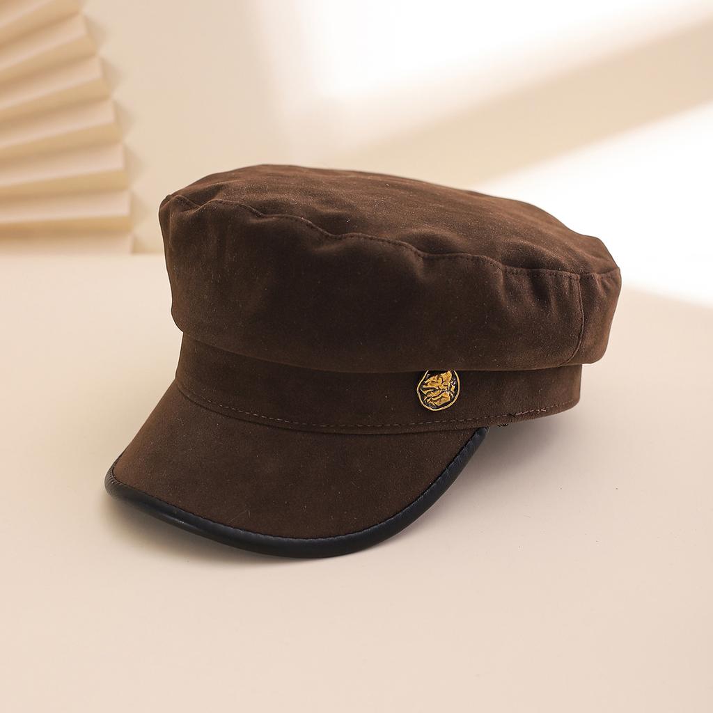 Korean Style Simple Side Metal Tag Leather Trim Newsboy Cap, Vintage British Flat Top Beret Hat, Daily Wear Accessories