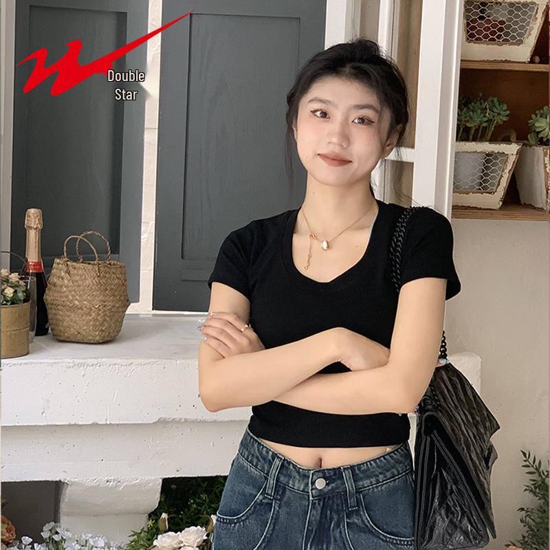 Shuangxing Women's Summer U-Neck Crop Top T-Shirt