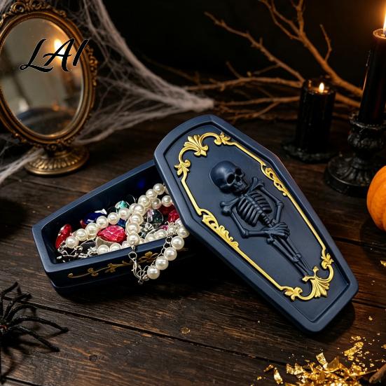 Halloween Atmosphere Prop Gothic Skull Casket Jewelry Box Resin Spooky Storage Figurine for Holder Rings Dark Tabletop Organizer Unique Gift