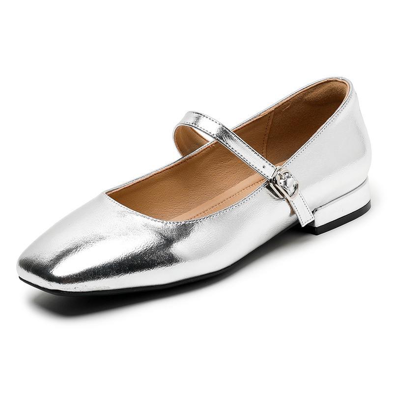 Flat Bottom Square Head Small Silver Shoes Silver Mary Jane Low Heel Versatile Single Shoes Women's Gentle Sequins