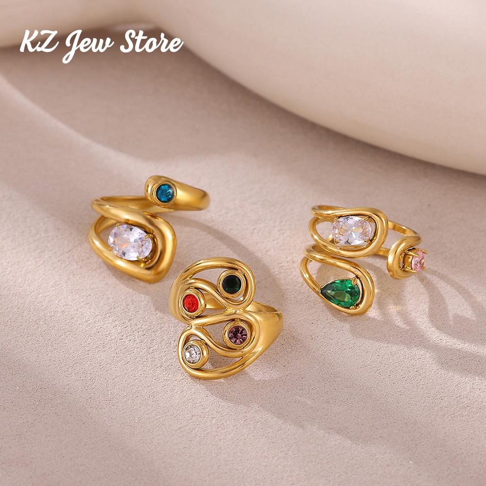 Shiny Cubic Stainless Steel Zircon Asymmetric Open Ring High-Grade Stainless Steel 18 K Gold Color Rust Proof Jewelry Party Gift