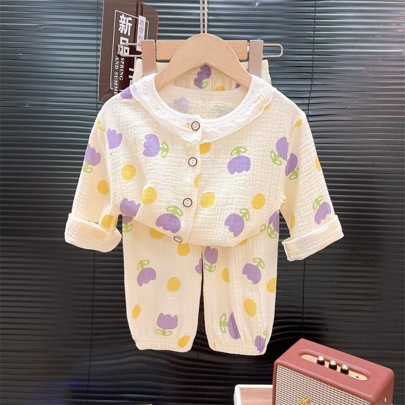 Children's Thin Set Boys' Pajamas Summer Two-piece Set Girls' Baby Lace and Lace Air Conditioning Home Suit Set