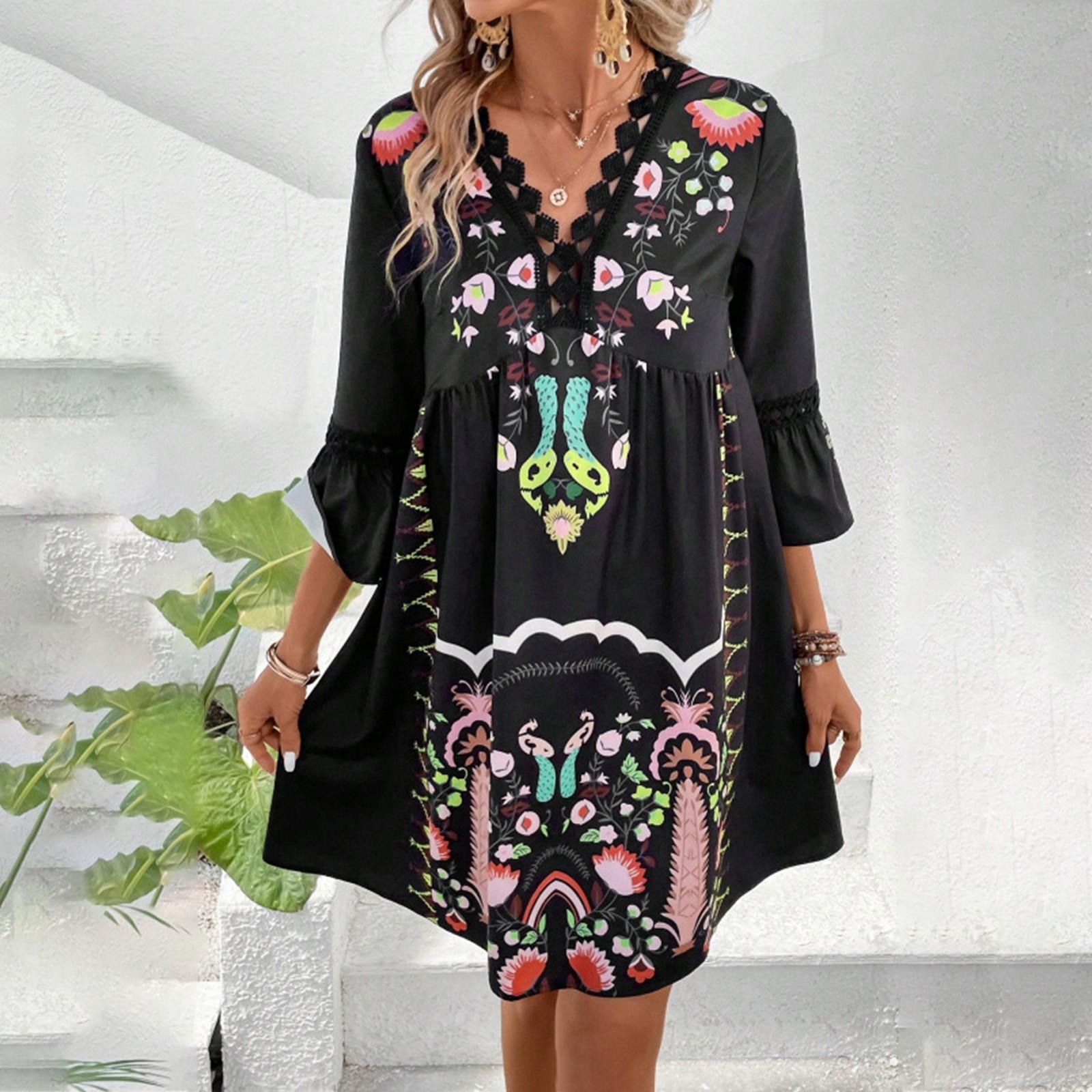 

Женское летнее новое повседневное универсальное платье с v-образным вырезом и кружевной строчкой XL чёрный