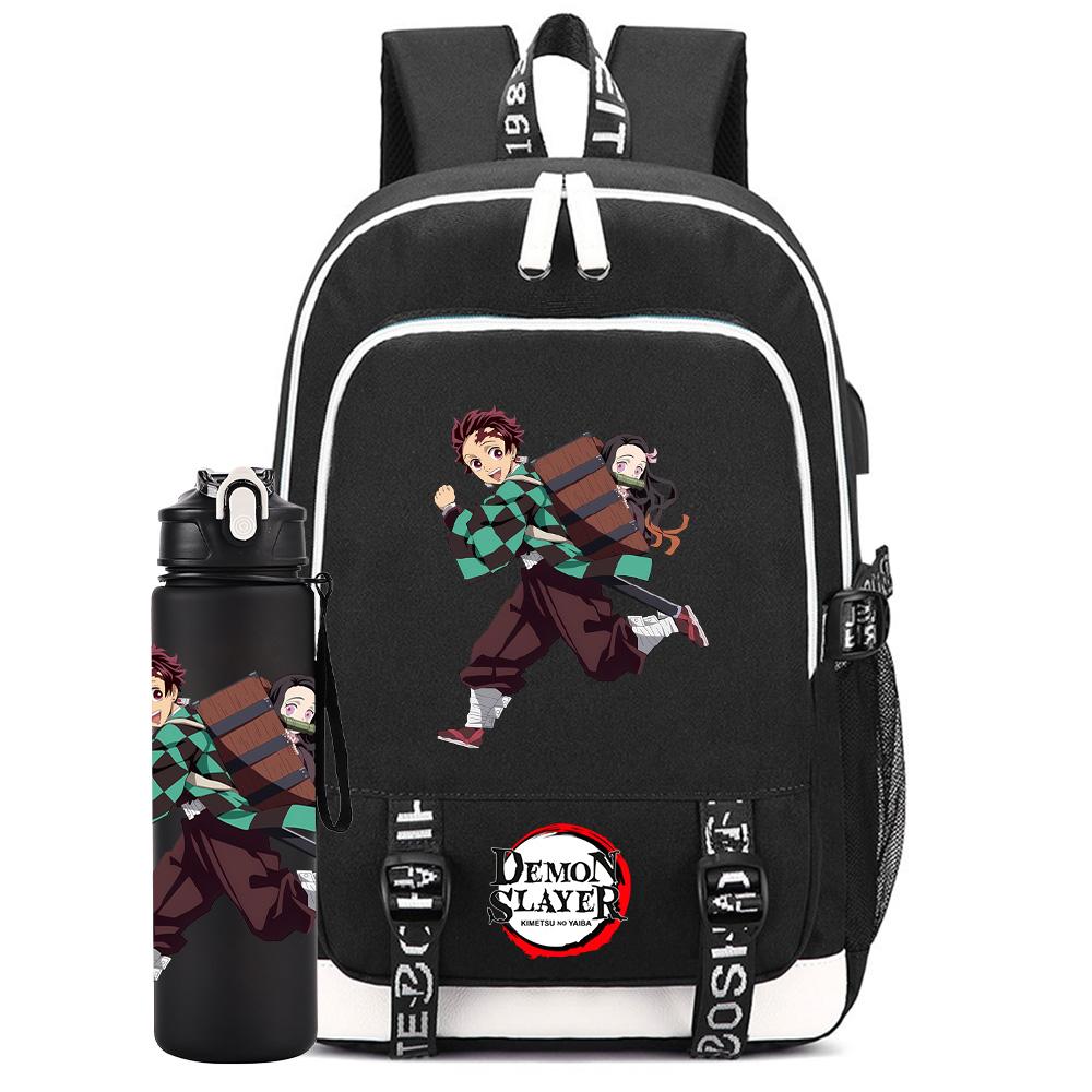 2Pcs/set Anime Demon Slayer Printed Backpack Large Capacity Waterproof Bookbag With 750ml Water Bottler Laptop Student Boy Girl Bookbag Gift
