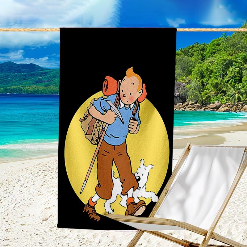 proof beach towel with a The Adventures of Tintin pattern - soft,absorbent,quick-drying,machine washable - perfect for swimming,camping,bathing
