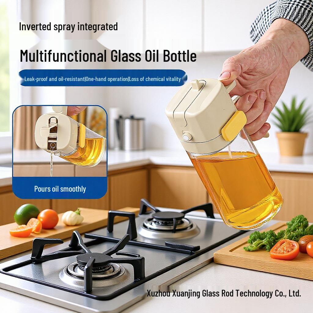 Large Capacity Glass Oil Dispenser with Handle - Side Opening, Non-Drip, Pressing Atomization for Kitchen Use