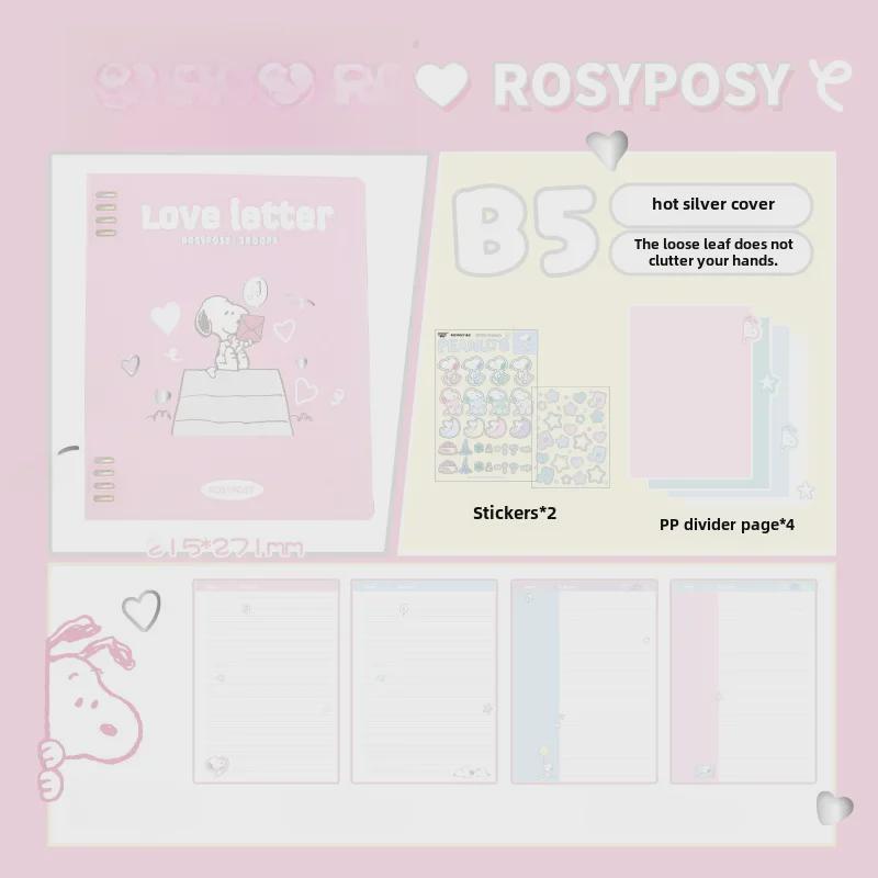 RosyPosy Snoopy Softcover Notebook: Cream Loose-Leaf with Colorful Pages, Stickers, and Horizontal Lines.