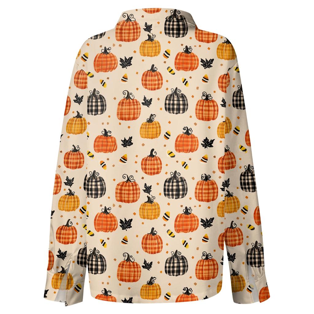 Women's Long Sleeve Button Down Shirt Casual Regular Fit Collared Top with Halloween Pumpkin Print Pattern for Seasonal Wear