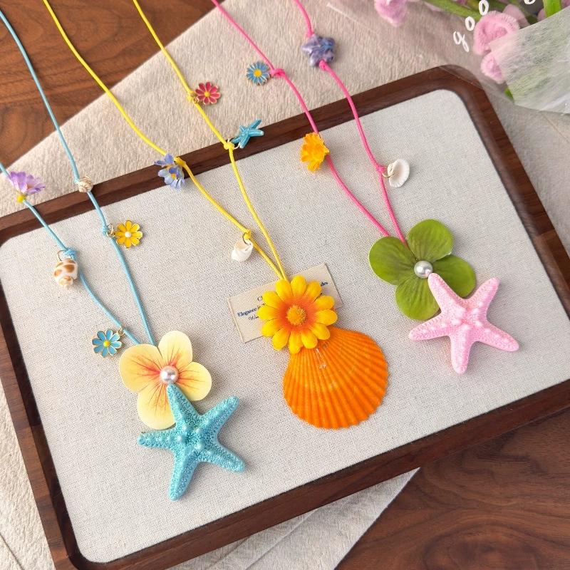 Trendy Summer Starfish Shell Flower Pendant Long Necklace For Women 2026 New Beach Vacation Vintage Charm Y2K Jewelry Accessorie