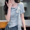 Dopamine Summer Fashion Short Sleeve T Shirt With Bow Tie And Asymmetric Pattern For Women