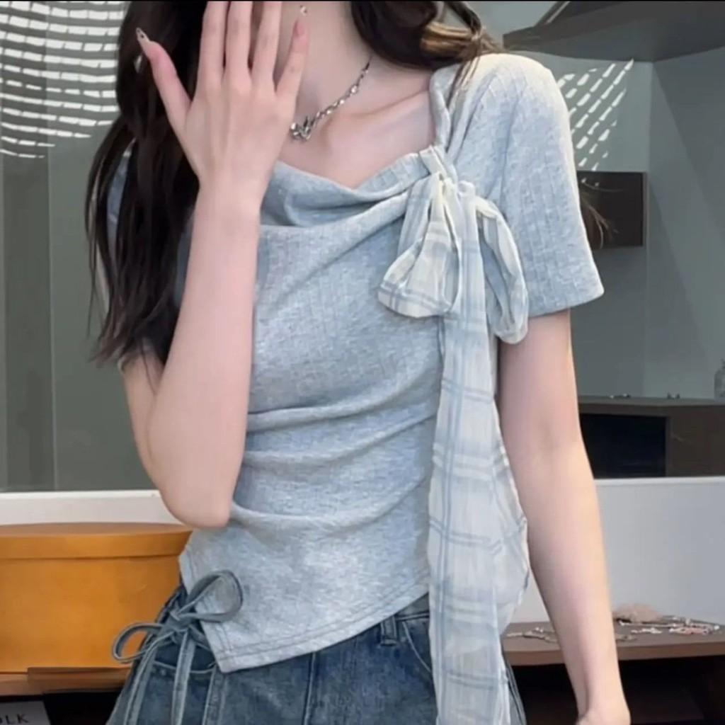 Dopamine Summer Fashion Short Sleeve T Shirt With Bow Tie And Asymmetric Pattern For Women
