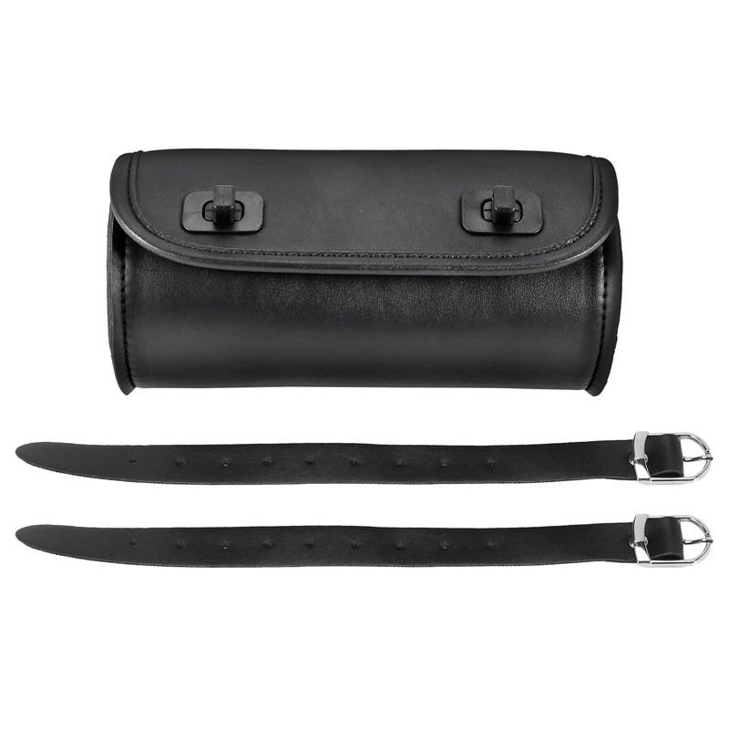Motorcycle Fork Bag PU Leather Handlebar Tool Pouch Sissy Bar Roll Storage Bag Saddle Bag With 2 Straps, Universal